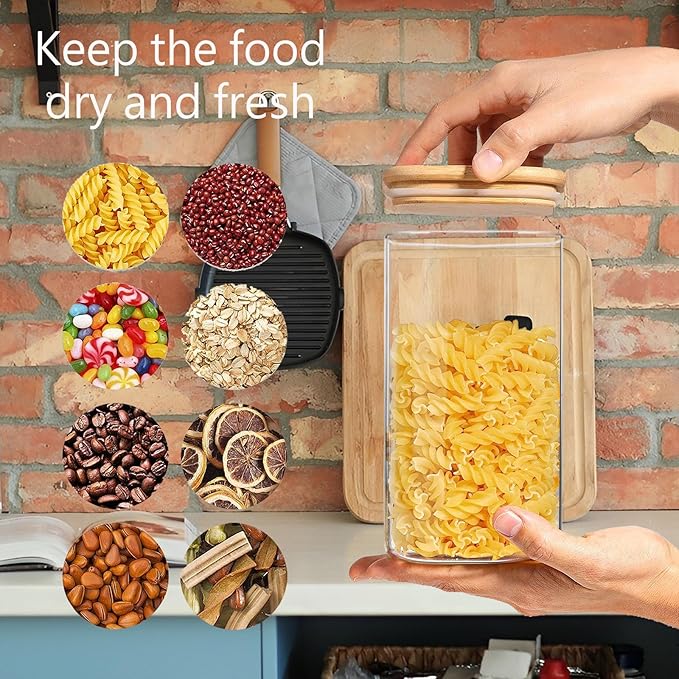 HVOPGEEUAN 1.6 Qt Square Glass Storage Containers with Lids, Clear Food Storage Container Jar with Sealing Bamboo Lid for Noodles Flour Cereal Rice Sugar Tea Coffee Beans (Square-3Pack)