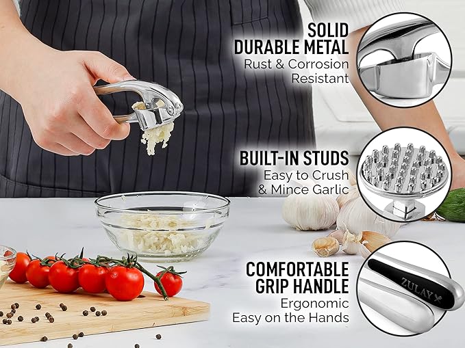 Zulay Kitchen Premium Garlic Press Set - Rust Proof Professional Garlic Mincer Tool - Easy-Squeeze, Easy-Clean with Soft, Ergonomic Handle - Silicone Garlic Peeler & Brush (Chrome)