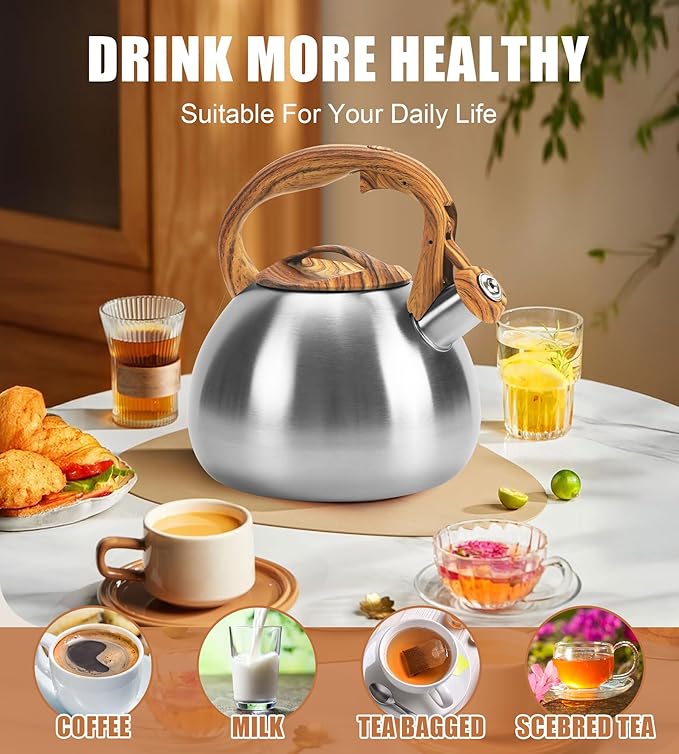 Foedo 3.2Qt Stainless Steel Whistling Tea Kettle Stovetop, Silver