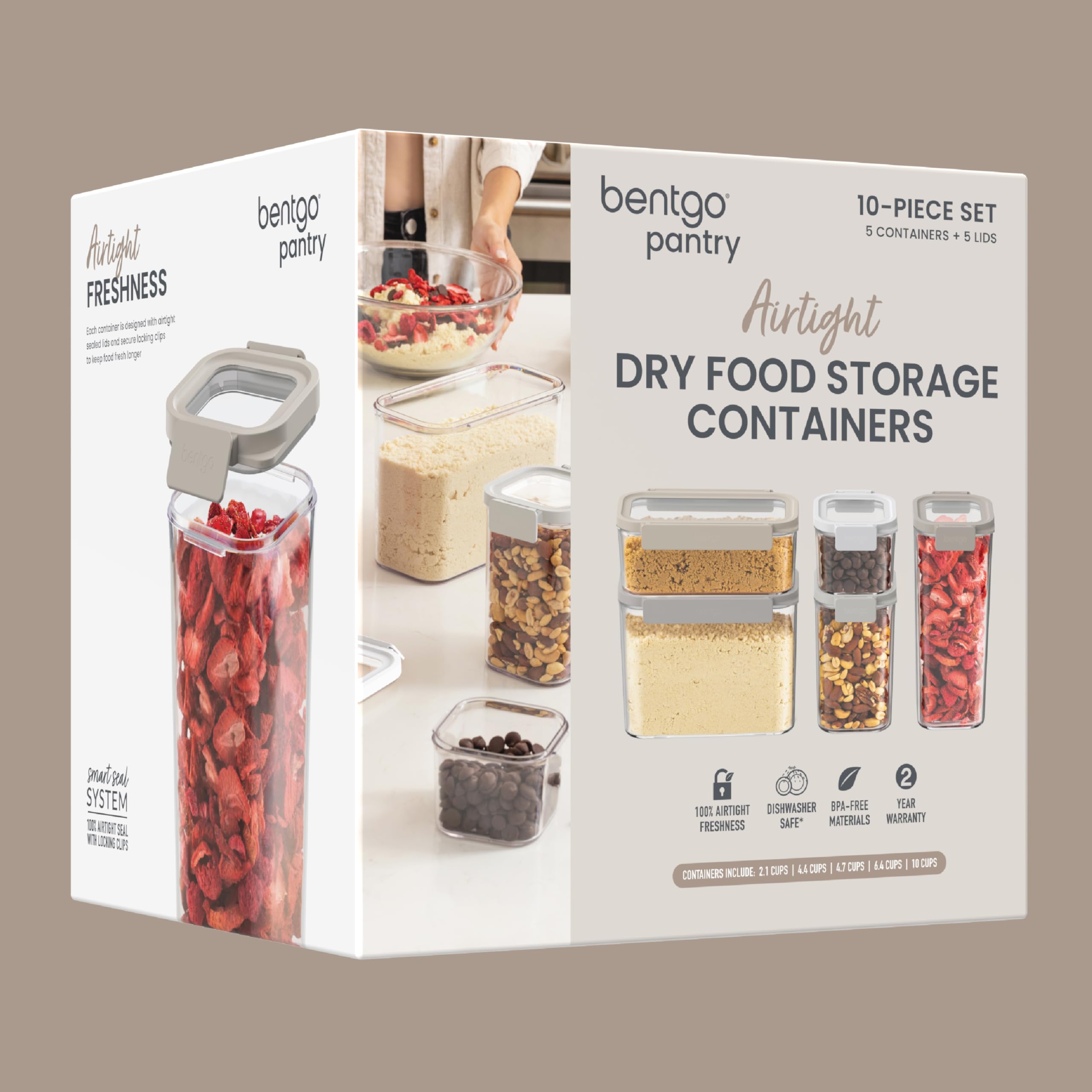 Bentgo Pantry - 10-Piece Airtight Food Storage Containers, Clear, Stackable Kitchen & Pantry Organization, Locking Lids for Freshness, BPA-Free Plastic - Ideal for Sugar, Flour, & More (White Stone)