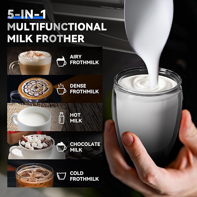 CafeGrace 5-in-1 Milk Frother and Steamer, 21 oz Split Milk Frother, Removable Automatic Electric Milk Frother Dishwasher Safe, for Latte, Cappuccino, Hot and Cold Milk Froth, Chocolate Milk