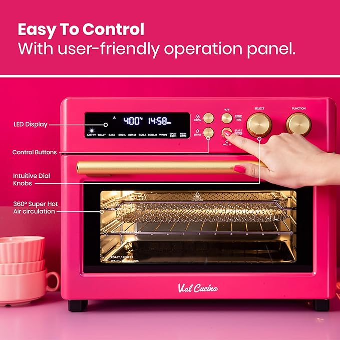 VAL CUCINA 26.3 QT Limited Edition Happy Pink Infrared Heating Air Fryer Toaster Oven, Large Countertop Convection Oven 10-in-1 Combo, 6-Slice Toast, Enamel Baking Pan Easy Clean with Recipe Book