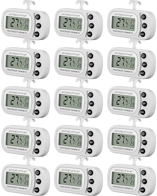 Frienda 16 Pcs White Digital Fridge Thermometer Waterproof Refrigerator and Freezer Max/min Record Function LCD Screen Refrigerator Thermometer with Hook and Magnetic Back for Home (Button)