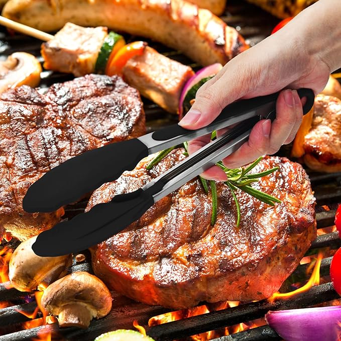 JIDSPWLS Premium Stainless Steel Heat Resistant Kitchen Tongs for cooking,set of 7"+9"+12" (Black),Non Scratch Silicone cooking Tong Tip for Cooking Pans,Strong Grip BBQ tongs for Grabbing Hot Food