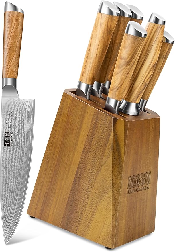 HOSHANHO Damascus Knife Block Set 7PCS, Sharp Kitchen Knives with Sharpener