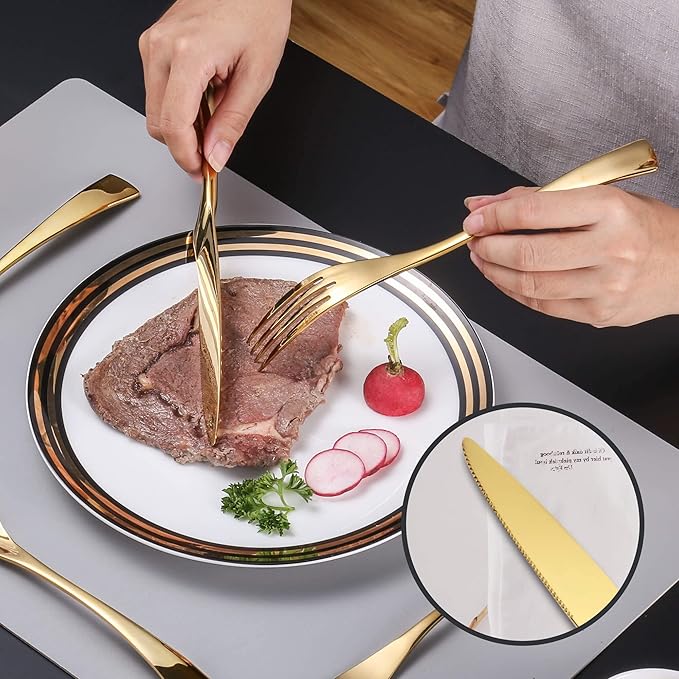 Lemeya 24-Pieces Gold Silverware Set with Steak Knives,Heavy Duty 18/10 Stainless Steel Flatware Set for 4,Modern Cutlery with Forged Stand Knives,Mirror Polished,Dishwasher Safe