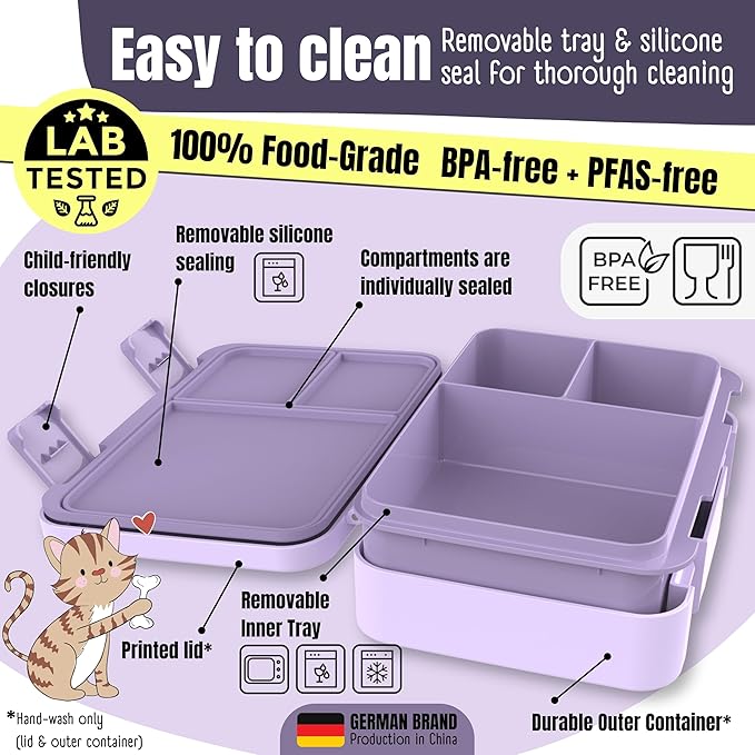 BEARFOOT Kids Lunch Box with Compartments – Compact & Lightweight | Leak-Proof, BPA-Free, Dishwasher Safe | Hand-Drawn Design for Preschool, School, Travel (Unicorn Purple, 4 Cups)