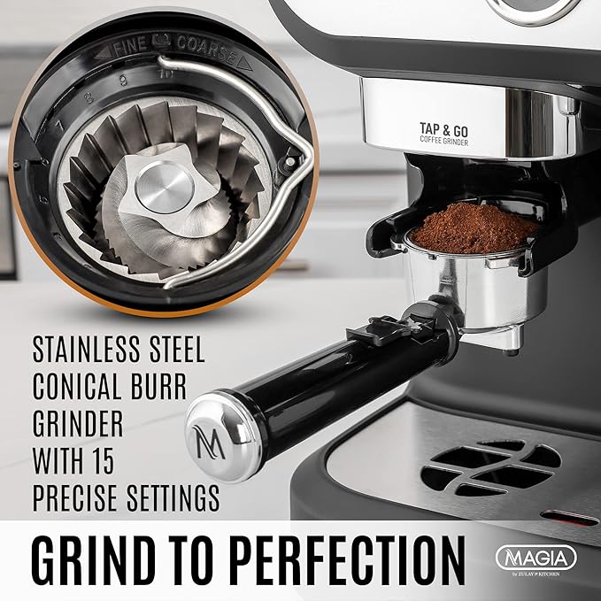 Zulay Kitchen Magia Manual Espresso Machine with Built-In Grinder & Steam Wand – 15 Bar Pressure Espresso Maker, 2L Removable Water Tank, Milk Frother, Complete Home Barista Set, Black & Silver