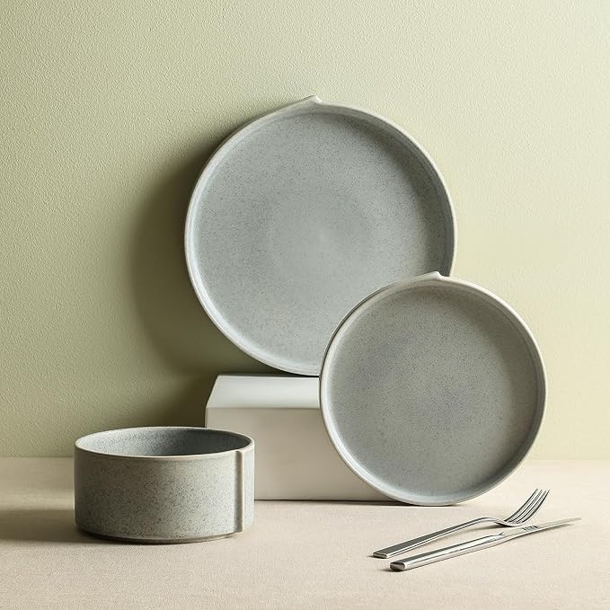 Stone Lain Bao 12-Piece Dinnerware Set Stoneware, Plates and Bowls Set, Dishwasher and Microwave Safe, Dish Set for 4, Blue-Grey
