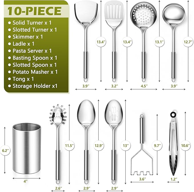 E-far Stainless Steel Kitchen Cooking Utensils Set, 10-Piece with Holder
