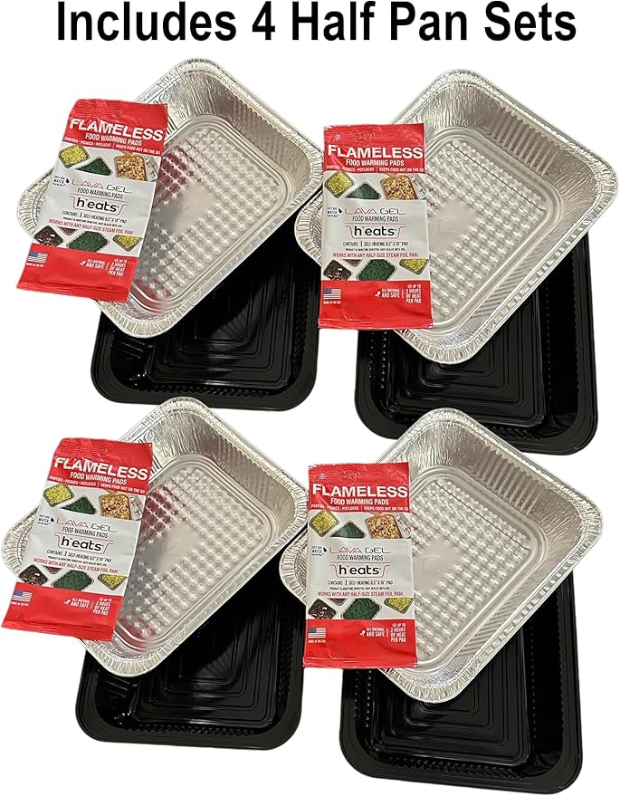 Lava Gel Self-Heating Buffet Kit – Flameless Food Warmer Set for Parties – Includes 4 Trays, 4 Half-Size Heat Pads & Foil Pans – Keeps Hot Food Hot for up to 3 Hours – Gel Fuel Can Alternative