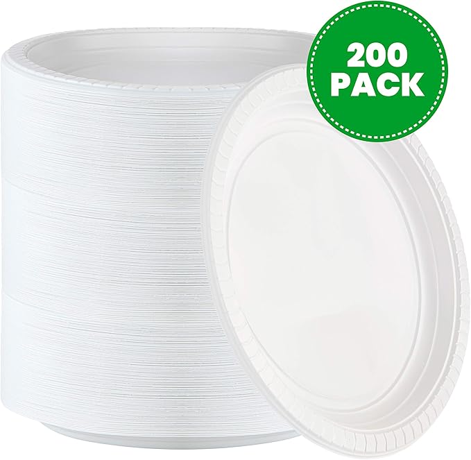 PLASTICPRO 9 inch Round Plastic Plates Microwaveable, Disposable 200 Count