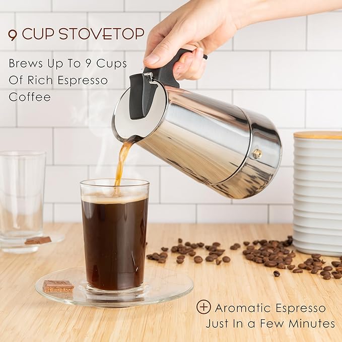 Mixpresso 9 Cup Greca Moka Pot, Stainless Steel Stovetop Espresso Maker