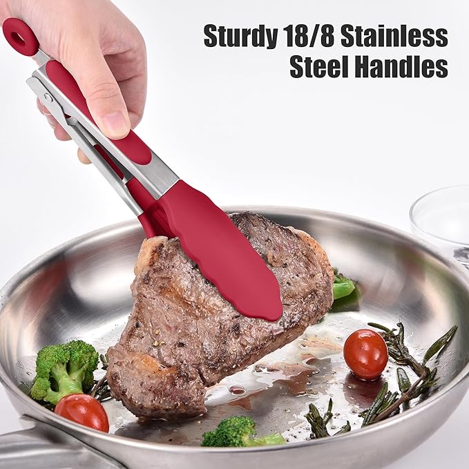 Doosu Kitchen Tongs with Silicone Tips for Cooking Serving (7in, Red)