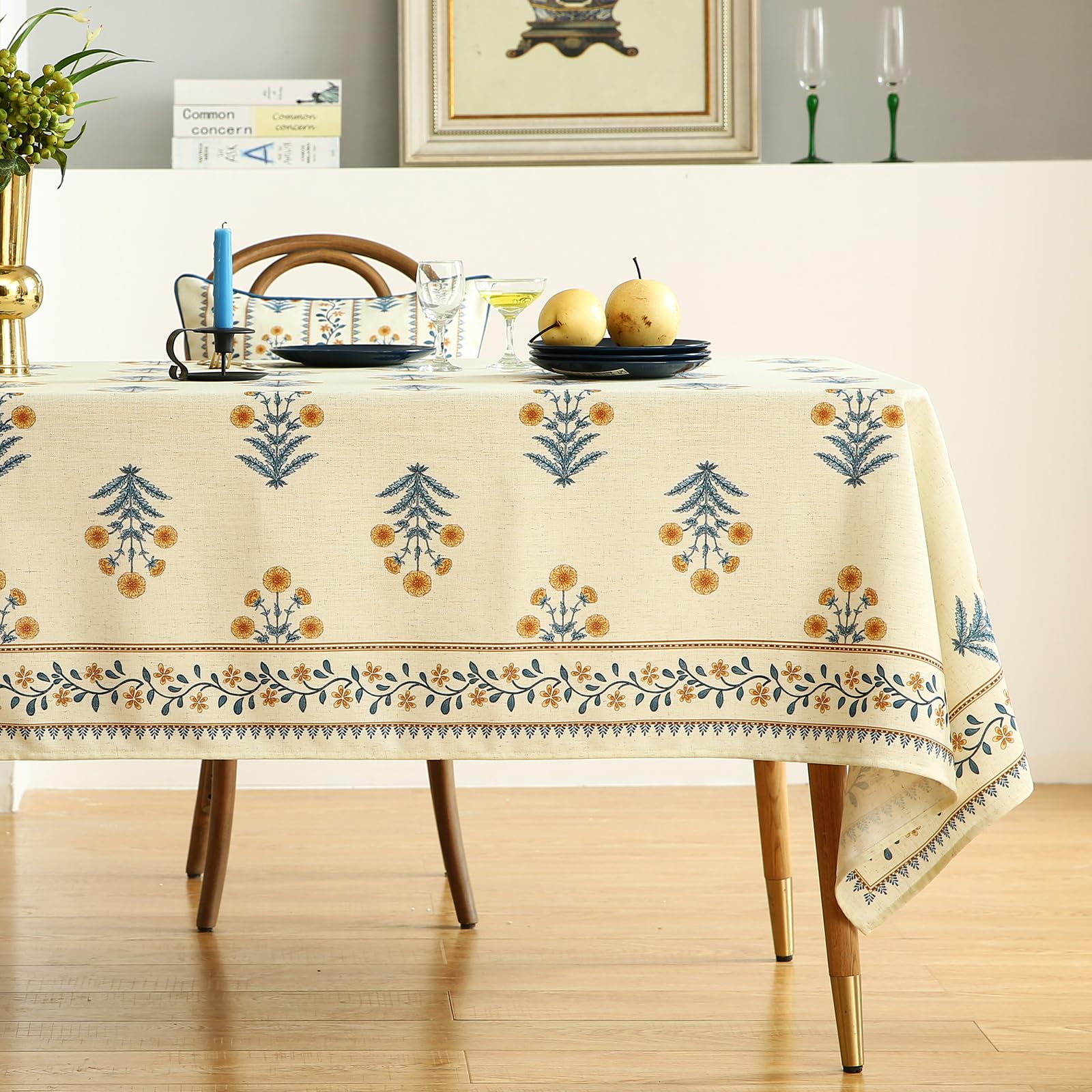 ISAENNE Designer French Linen Rectangular Tablecloth,102"x63"-Estevan A