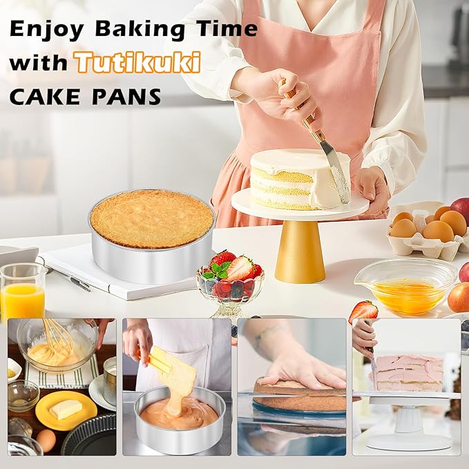 tutikuki 8 Inch Cake Pan - 3PCS Stainless Steel Round Layer Cake Baking Pans with 100 PCS Parchment Paper, Round Bakeware for Party Birthday Wedding, Mirror Finish & Dishwasher Safe