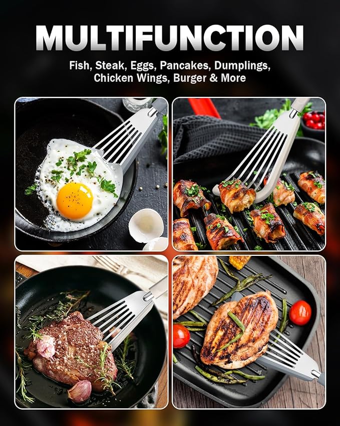 Fish Spatula Turner, Thin Slotted Spatulas for Nonstick Cookware,Silicone Edge Heat Resistant Kitchen Flipper for Fish, Egg, Pancake(Stainless Steel, 2Pack)