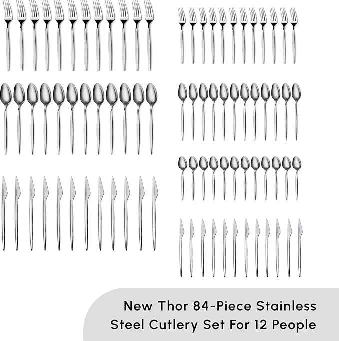 Karaca Thor 84-Piece Table Silverware Cutlery Set with Box, Stainless Steel in Elegant Box, Stylish and Durable Cutlery for Demanding Table Culture