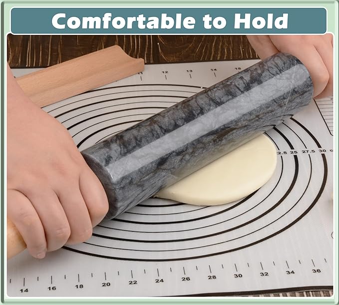 SIPARUI Marble Rolling Pin with Wooden Cradle Thick Handle Set for Baking,18.5 inch Premium Quality Polished Roller for Pizza Dough,Fondant,Pie Crust,Non-Stick Surface Easy to Clean(Black)
