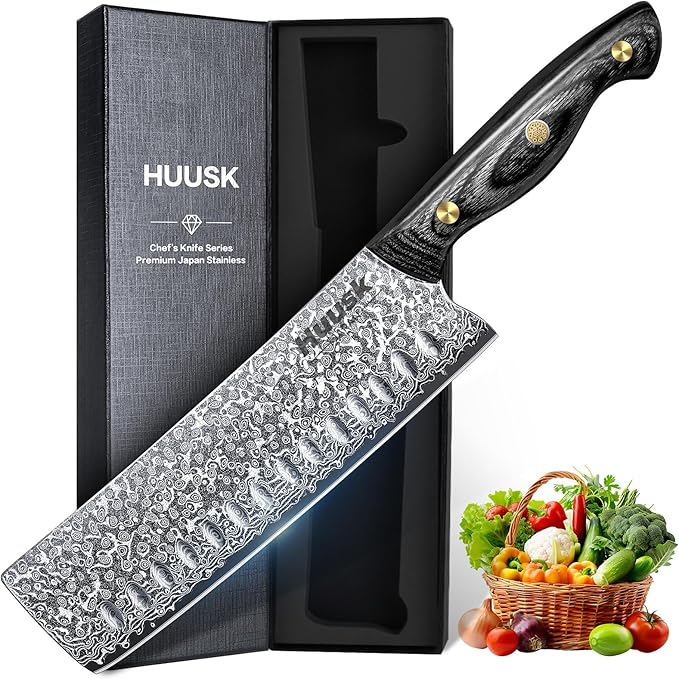 Huusk Damascus Nakiri Knife 7inch - Japanese Knives with Sharp Edge