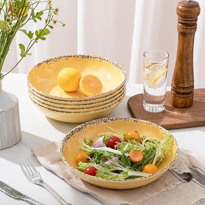 ZAROCRUS Farmhouse Melamine Pasta Bowls Set, 42 OZ Large Salad Bowls Set, 9.25 inch 6 Piece large Soup Bowls,Wide and Shadow Rustic Round Serving bowl, Set of 6 Dinner Bowl,Yellow…