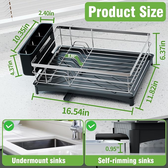 TITIMIO Dish Drying Rack - Space-Saving Dish Rack for Kitchen Counter with Removeable Cutlery Holder,Rustproof & Sturdy Auto-Drain Organizer for Plates,Cups,Knife,Silvery