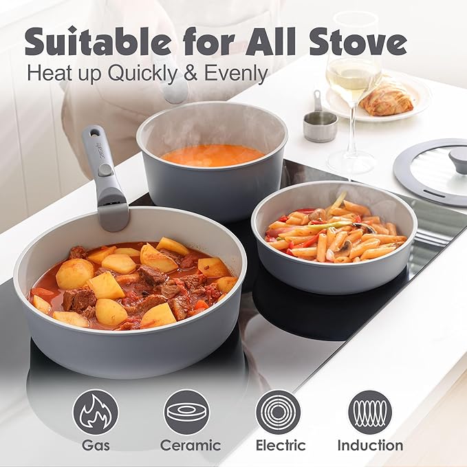 SENSARTE 17 Piece Ceramic Detachable Handle Pots and Pans Set Gray