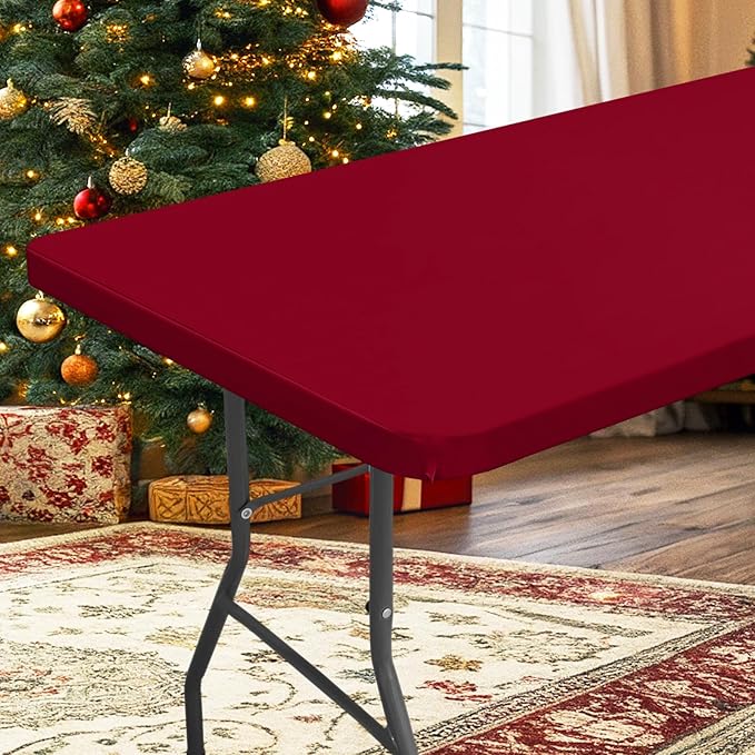 homing Rectangle Table Cloth Cover, Water-Resistant Polyester Elastic Fitted Tablecloth, Fits for 4 Foot Folding Tables, Washable Table Protector for Picnic, Camping, Outdoor (Wine Red, 30" x 48")
