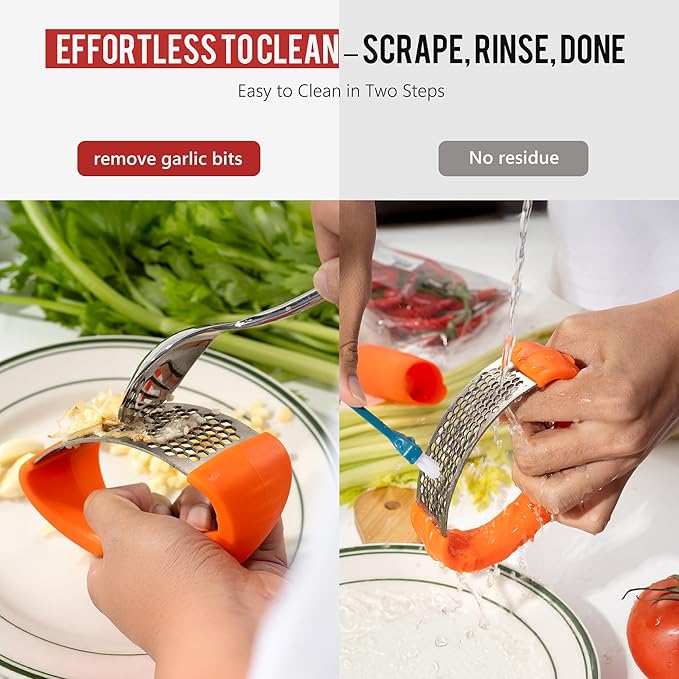 Li&Zhao Stainless Steel Garlic Press Rocker - Garlic Crusher Stainless Steel Garlic Mincer Tool Garlic Rocker with Garlic Peeler Garlic Smasher for Kitchen Cooking(Orange)