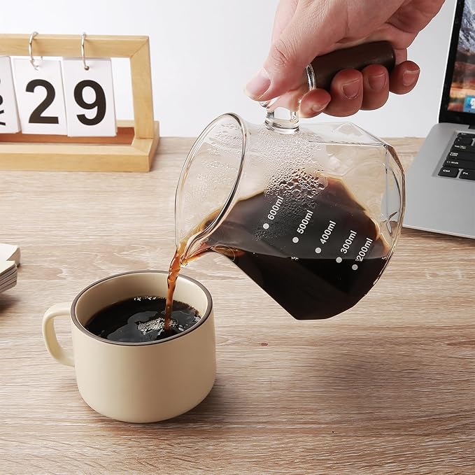 Lalord Pour Over Coffee Maker, 600ml/20oz Borosilicate Glass Set, Coffee Dripper with Walnut Collar, Glass Lid, 100 Paper Filters, 1-3 Cups, Clear