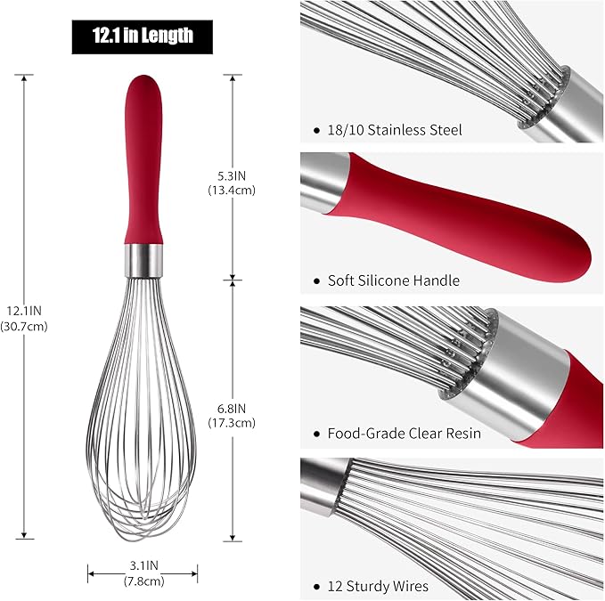 Doosu 18/8 Stainless Steel Balloon Whisk for Cooking (12 Wires, Red)