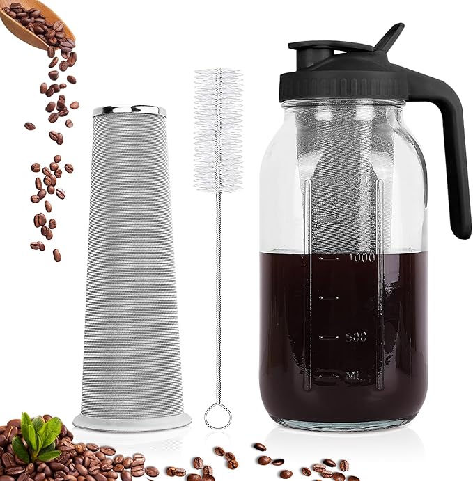QHH Cold Brew Coffee Maker, 64 oz Mason Jar Pitcher with Stainless Steel Filter, Pour Spout Handle Lid, Airtight & Leak-Proof for Iced Coffee,Tea & Lemonade