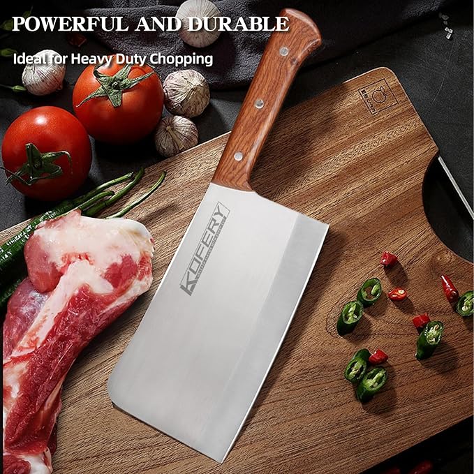 KOFERY 8.7-Inch Heavy Duty Meat Cleaver, Professional Butcher Knife and Large Bone Cutter, 7.5mm Thick Spine Full Tang Stainless Steel with Rosewood Handle, Commercial Chopping