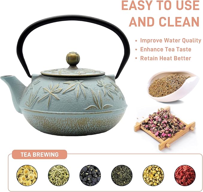 SECHUDO Cast Iron Teapot Tea Kettle with Stainless Steel Infuser for Stovetop Safe Coated with Enameled Interior Japanese Tetsubin with Maple Leaves Pattern(30.4oz/900ml) (Color-5)