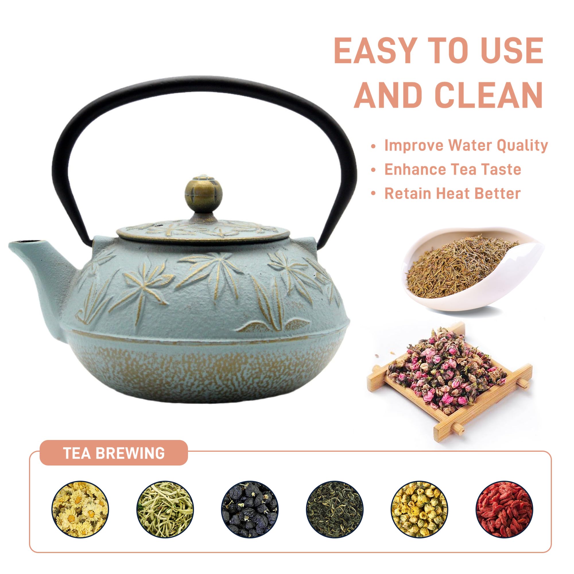 SECHUDO Cast Iron Teapot Tea Kettle with Stainless Steel Infuser for Stovetop Safe Coated with Enameled Interior Japanese Tetsubin with Maple Leaves Pattern(30.4oz/900ml) (Color-5)
