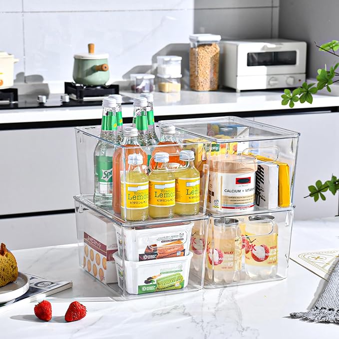 Freebat 12 Pack Clear Storage Bins with Lids, 7 Quart Pantry Organizer Bins