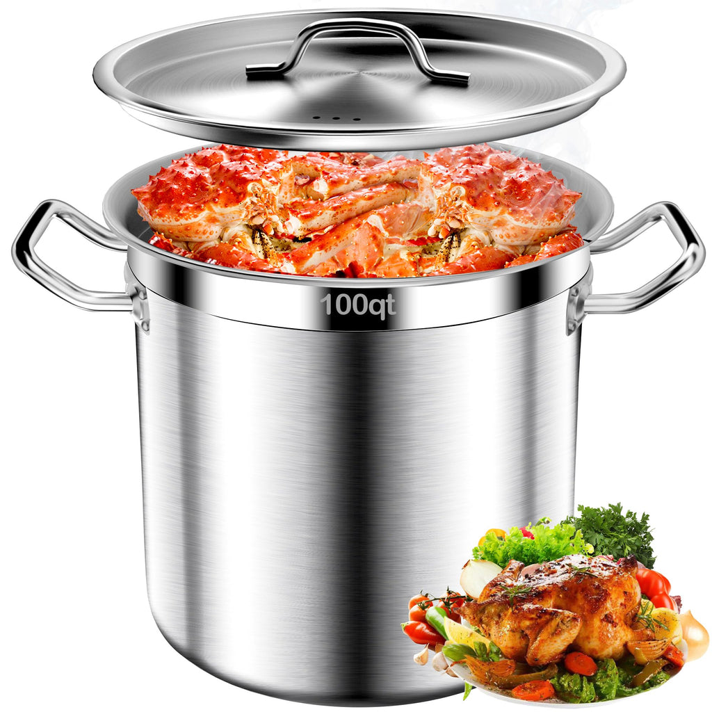Commercial Grade Large Stock Pot - 100 QT Soup Pot with Lid - Non-Nickel Stainless Steel Stock Pots - Healthy Cookware Polished Stockpots - Heavy Duty Cooking Pots, Cookware Sauce Pots