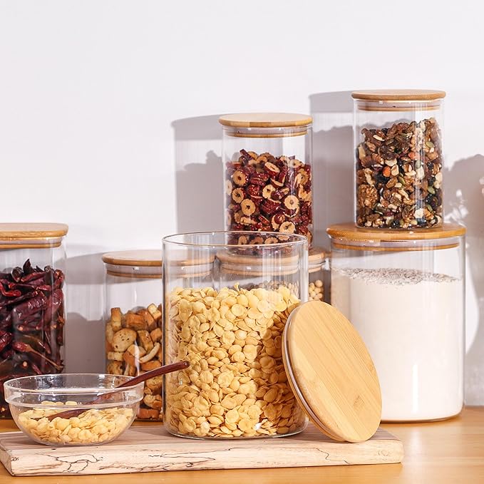 Wnaraa Glass Storage Containers with Lids, Glass Jars with Bamboo Lids, Large Food Storage Jar, Sugar, Pantry Storage Container for Pasta Rice Flour Oats Nuts Tea Spice (Round 27oz*2+54oz*2+100oz*2)