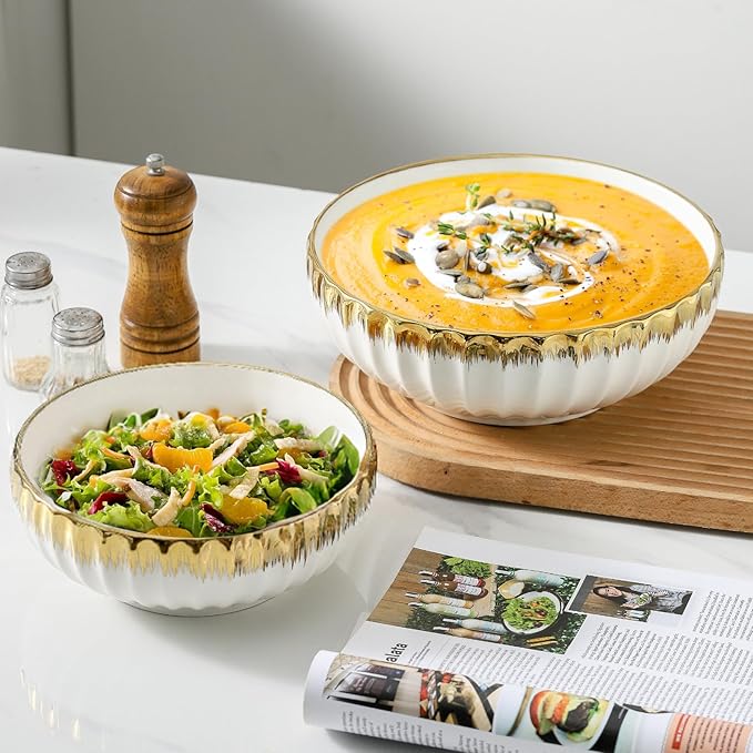 LETAOTAO Serving Bowls, 10 inch Ceramic Salad Bowl with Gold Trim, Set of 2
