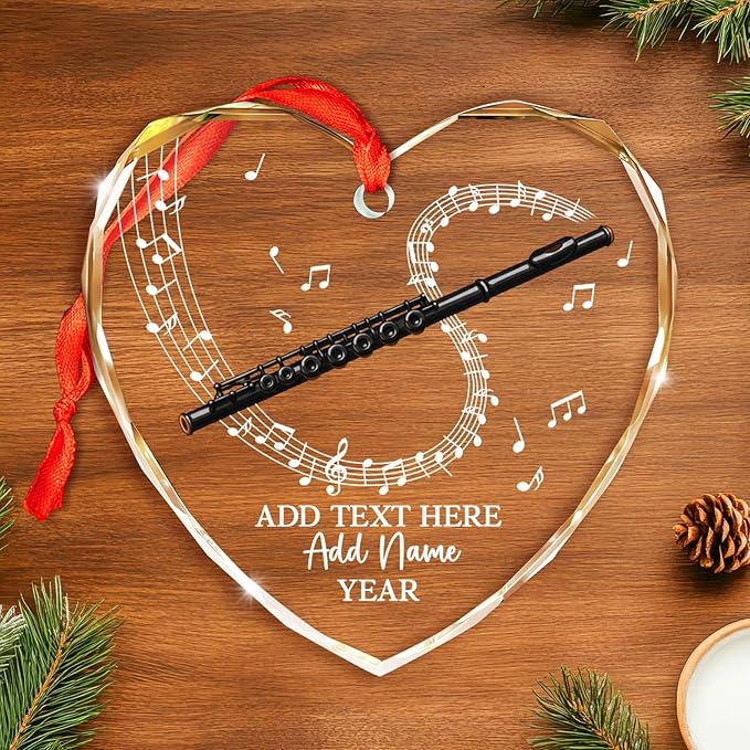 Personalized Flute Player Glass Ornament with Text Name & Year, Custom Flute Musical Instrument Xmas Ornaments 2026, Flutist Christmas Tree Ornament, Gift for Music Lover Student Friend