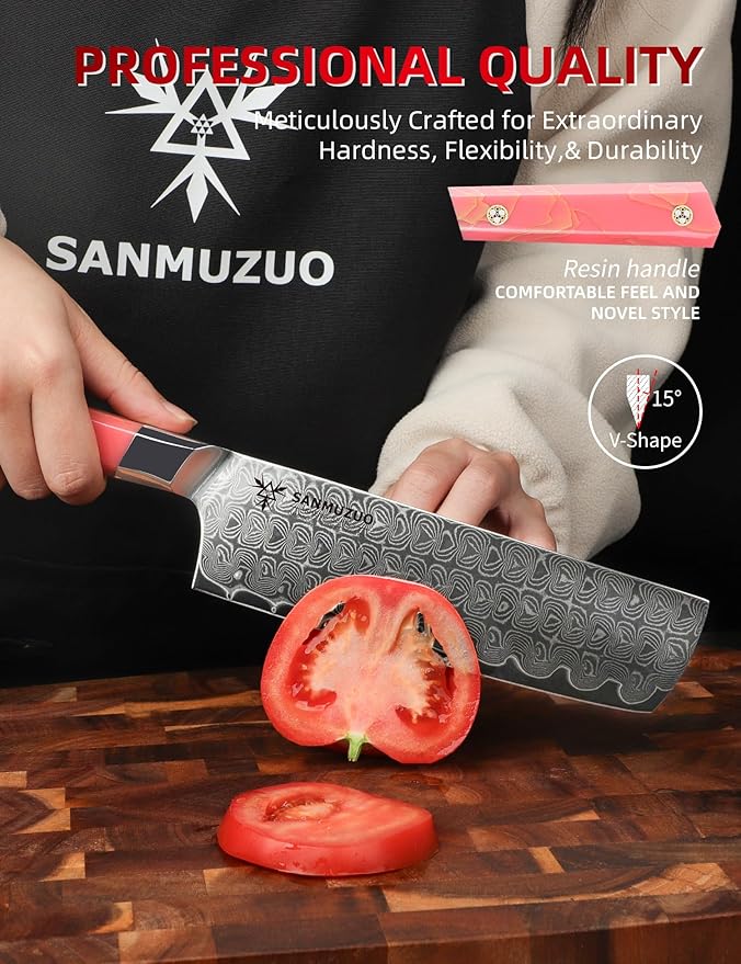 SANMUZUO Kitchen Nakiri Knife 7 Inch, Professional Kitchen Chef Knife, Ultra Sharp Damascus Powder Steel with Full-tang Resin Handle, SHENG Series