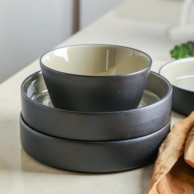 Stone Lain Elica 24-Piece Modern Dinnerware Set Stoneware, Plates and Bowl Sets for 8, Beige and Black