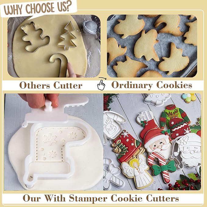 Flycalf Reindeer Cookie Cutters Christmas Shapes with Plunger Stamps Holiday PLA Baking Accessories Cutter Molds Gifts Decorative Party 3" Kitchen Cake Supplies