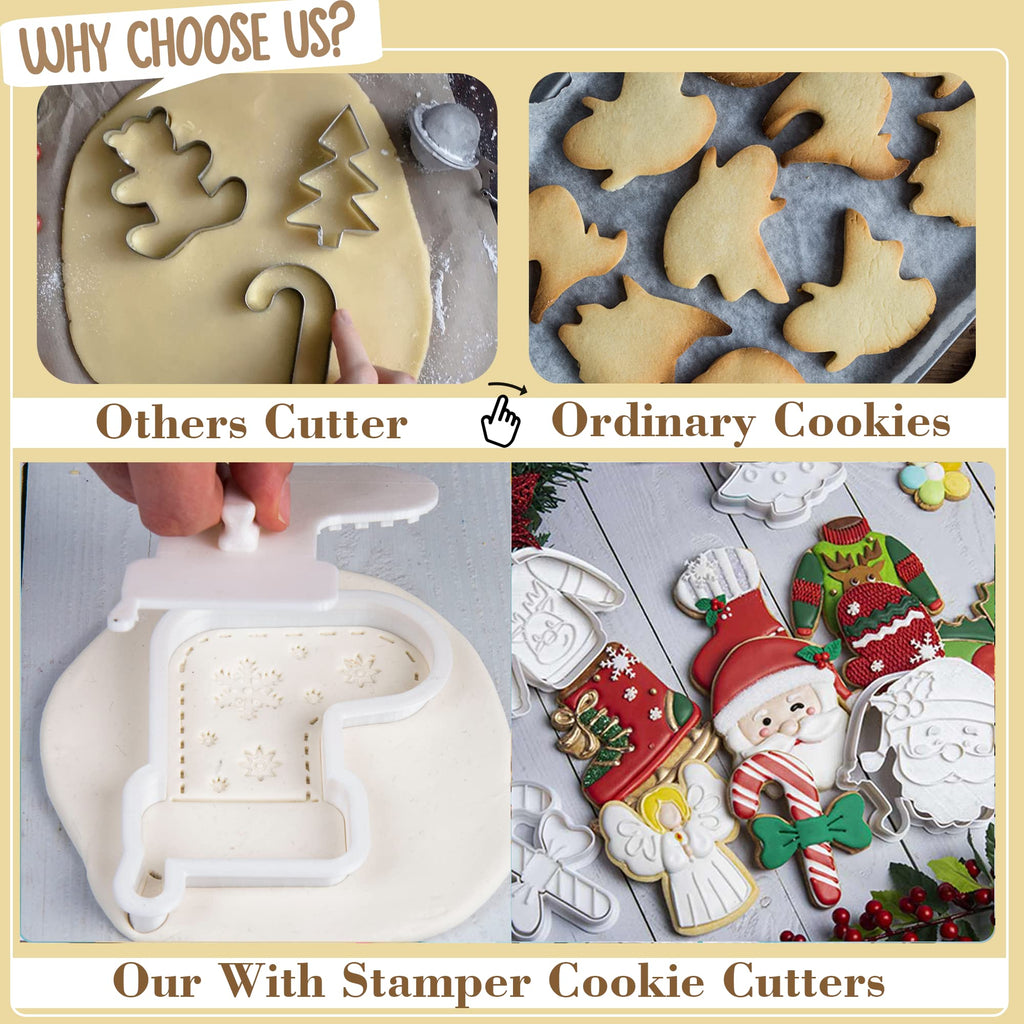 Flycalf Christmas Cookie Cutters Gingerbread Shapes with Plunger Stamps Holiday PLA Baking Accessories Cutter Molds Gifts Decorative Party 3.5" Kitchen Cake Supplies