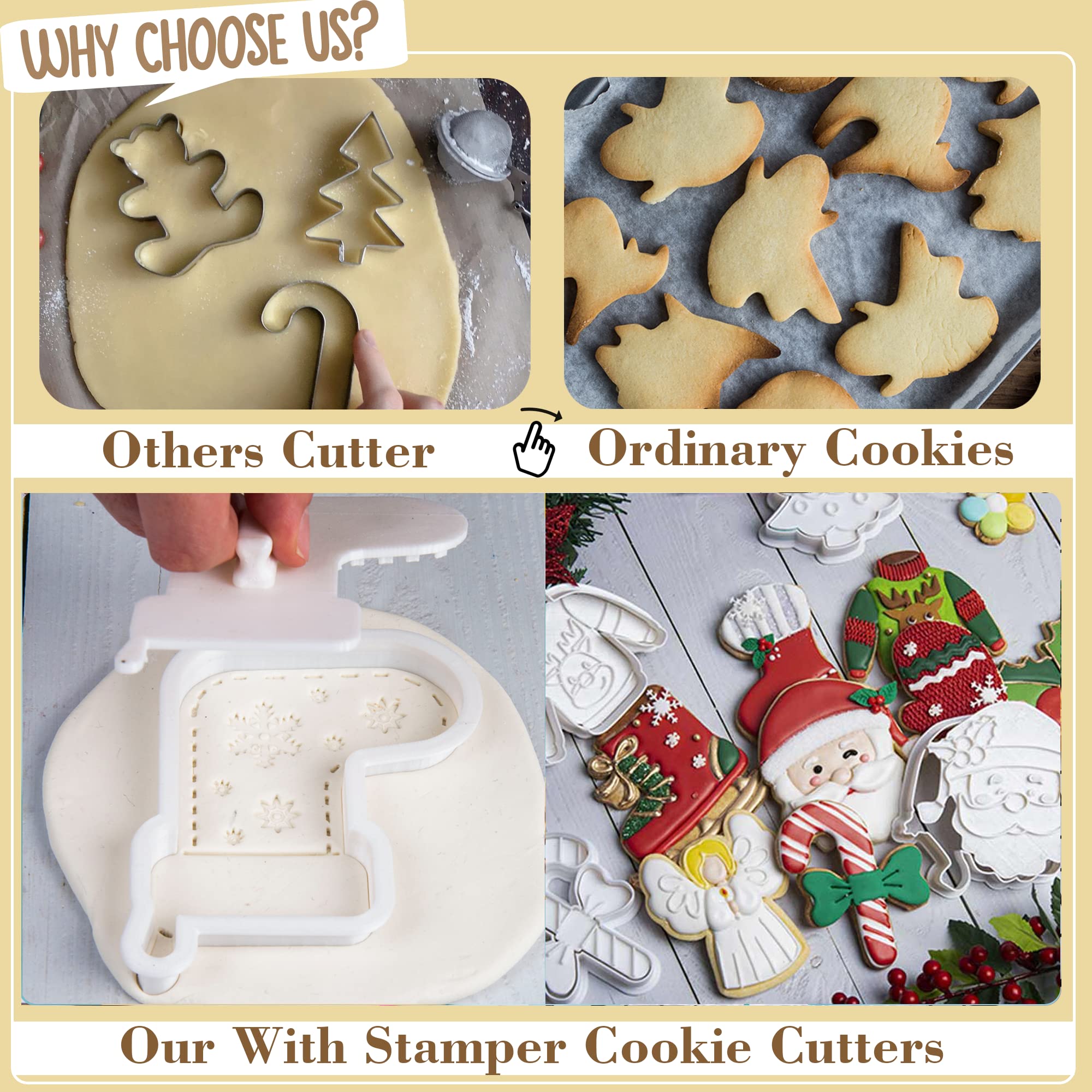Flycalf Christmas Cookie Cutters Gingerbread Shapes with Plunger Stamps Holiday PLA Baking Accessories Cutter Molds Gifts Decorative Party 3.5" Kitchen Cake Supplies