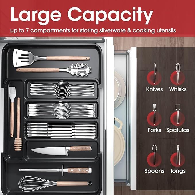 Aujen Silverware Drawer Organizer, Adjustable Utensil Cutlery Tray