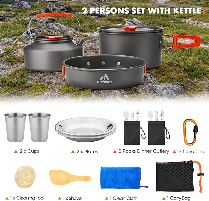 THTYBROS 17pcs Camping Cookware Kit, 0.45Gal Pot, 7inches Pan,0.30Gal Kettle Set with 2 Set Stainless Steel Cups Plates Forks Knives Spoons for Hiking,Camping,Backpacking,Outdoor Cooking and Picnic