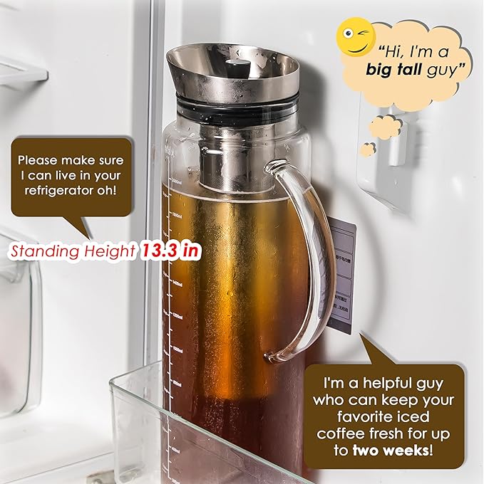 Aquach 68oz Cold Brew Coffee Maker, Extra Tall Glass Pitcher for Iced Tea