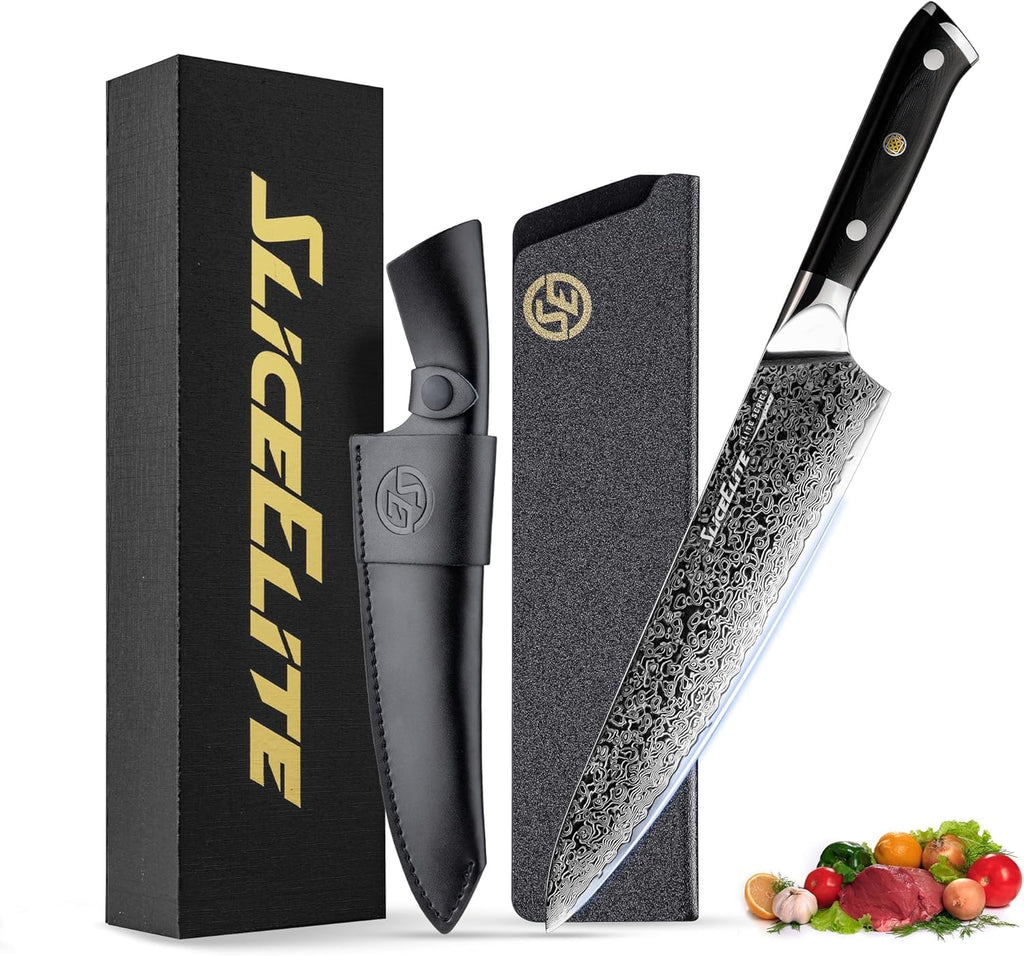SliceElite Elite Series 8 Inch Chef Knife VG10 Damascus Steel Forged G10 Handle Sharp Kitchen Vegetable Meat Chopper Cutting Cooking Carving Precision Cleaver BBQ Fruit Professional Gift Blade Tool