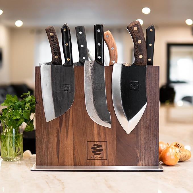 COOLINA Walnut Magnetic Knife Holder, Knife Block Stand with Steel Base